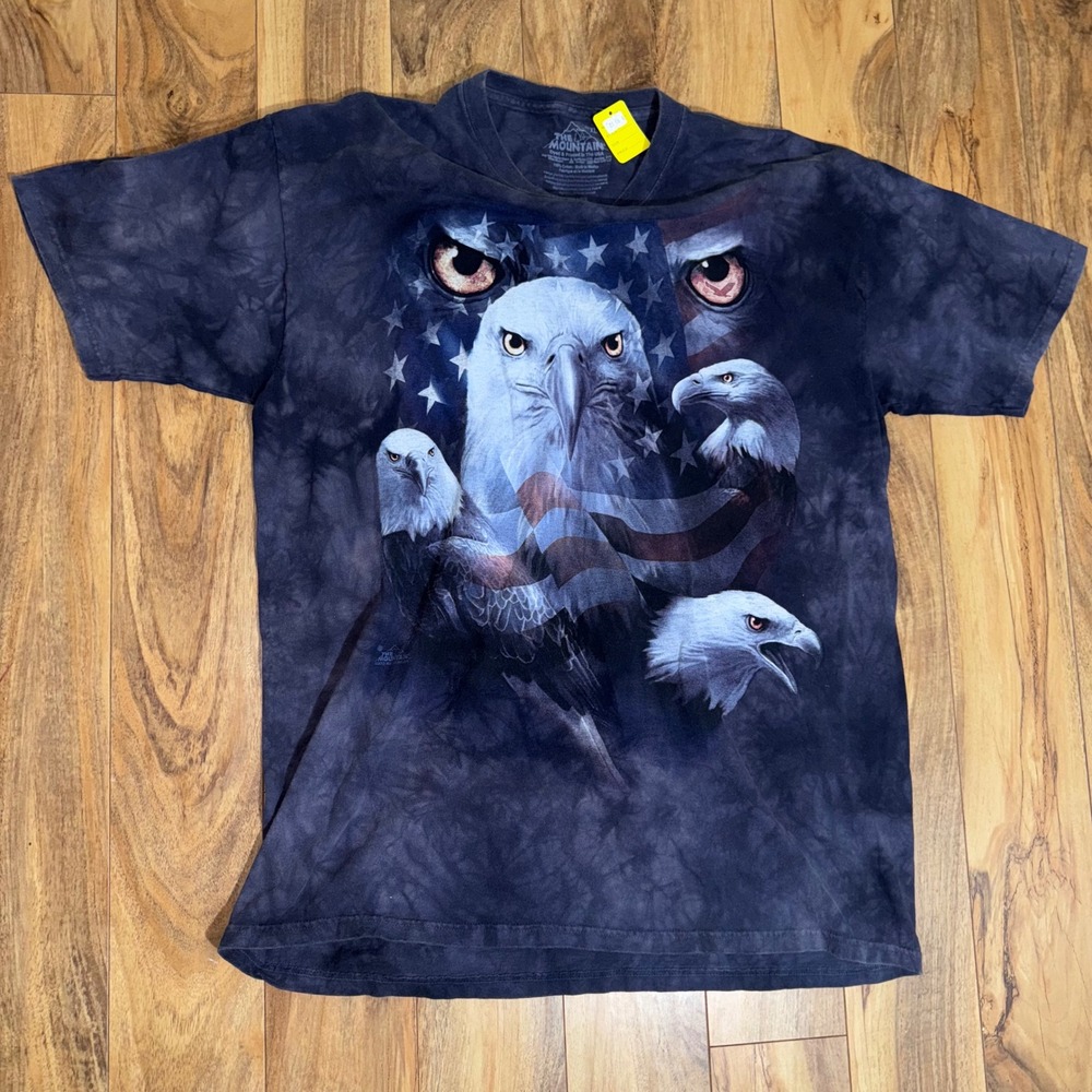 The Mountain Mens XL Bald Eagle American Flag Tie Dye Graphic T-Shirt Blue Black